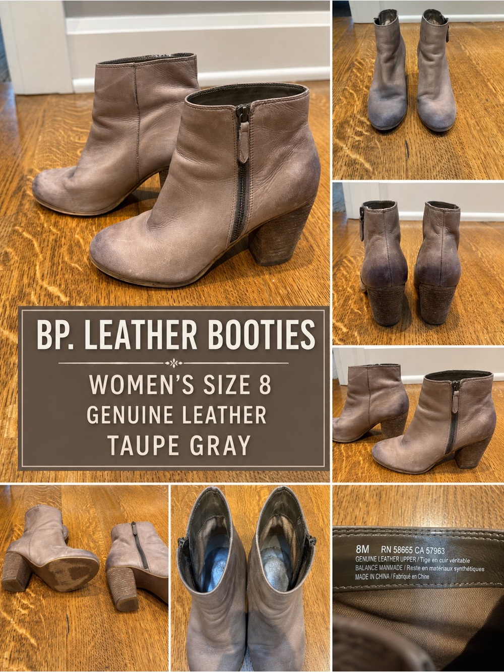 BP. Leather Ankle Booties Size 8 Taupe Gray Side Zip Block Heel Genuine Leather